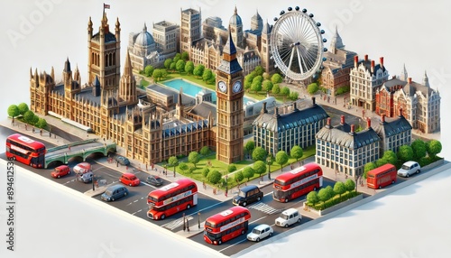 An isometric 3D scene of London featuring Big Ben prominently. The scene includes iconic elements such as the Houses of Parliament, the London Eye