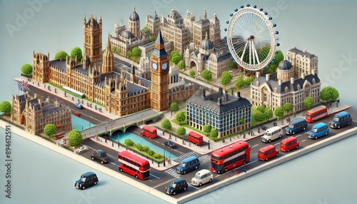 An isometric 3D scene of London featuring Big Ben prominently. The scene includes iconic elements such as the Houses of Parliament, the London Eye