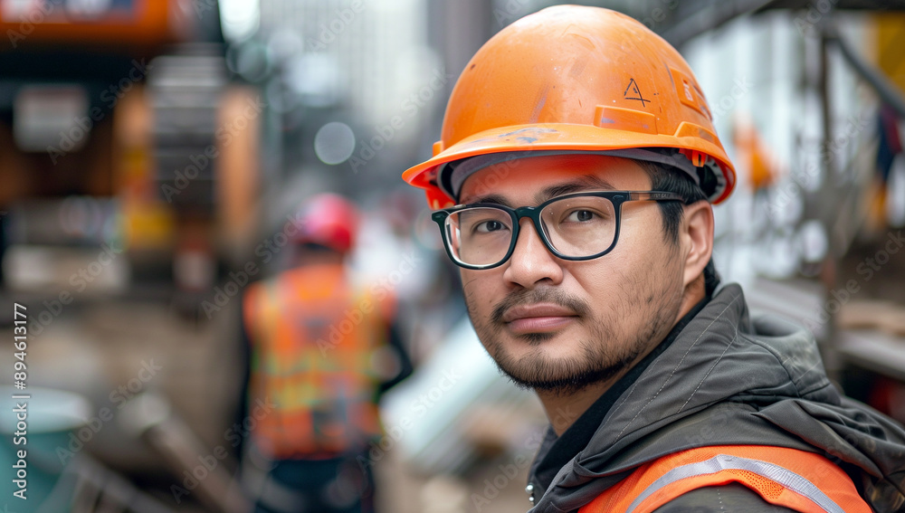 Close-up of an engineer wearing orange sweater and safety-hat standing in front of the construction site. Generative AI. Close-up of an engineer wearing orange sweater and safety-hat standing in front of the construction site. Generative AI.