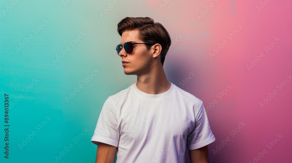 Obraz premium A stylish man in a white t-shirt and shades striking a casual pose against a colorful pastel background, exuding cool and confidence.
