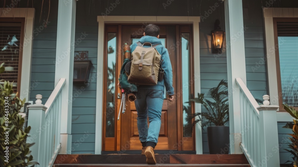 Man Leaving Home with a Backpack Man Leaving Home with a Backpack