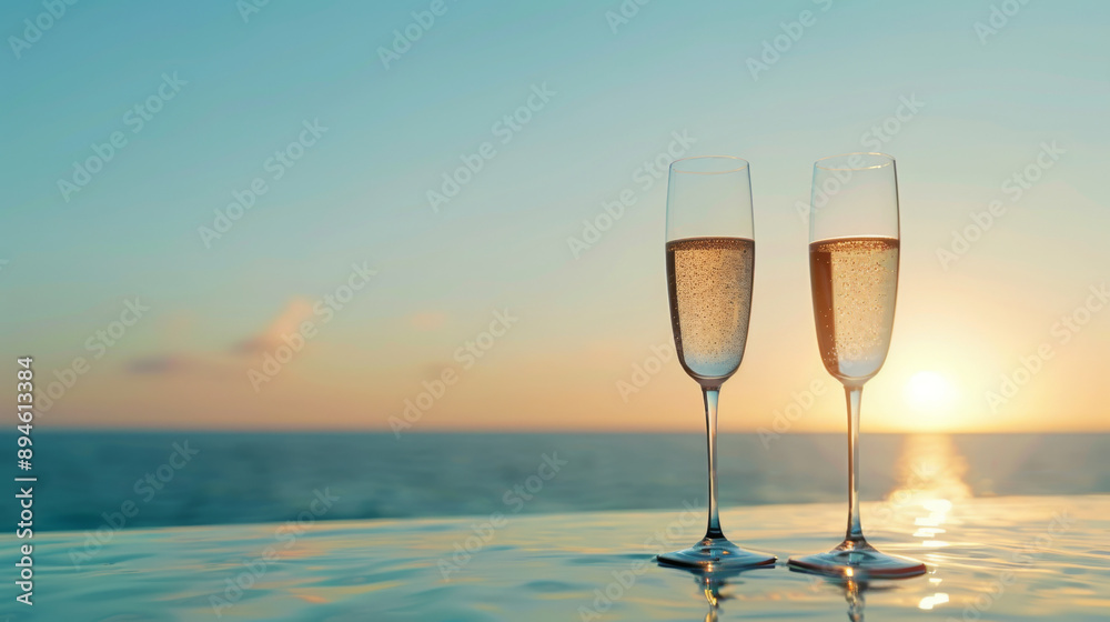 Two champagne glasses on the edge of an infinity pool reflect the golden sunset over the ocean, radiating luxury and romance. Two champagne glasses on the edge of an infinity pool reflect the golden sunset over the ocean, radiating luxury and romance.