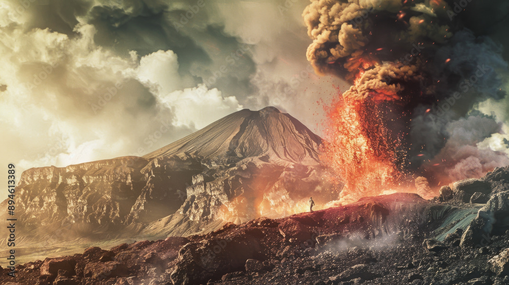 A majestic volcano erupts dramatically, spewing fiery lava and ash ...