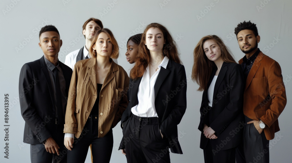A group of stylish young professionals pose confidently in modern business attire in a well-lit studio, exuding ambition and camaraderie.