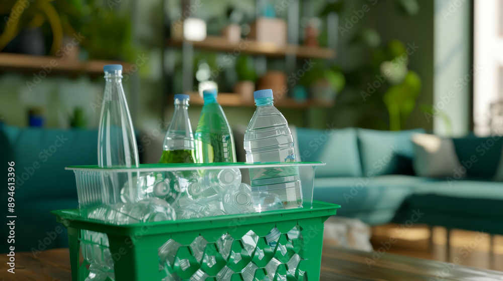A green basket filled with various plastic bottles stands on a wooden table in a cozy, plant-filled living room bathed in natural light. A green basket filled with various plastic bottles stands on a wooden table in a cozy, plant-filled living room bathed in natural light.