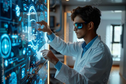 Young male AI technician using holographic screens to repair a futuristic smart fridge at home.