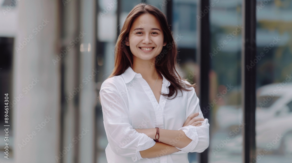 A confident woman in a white shirt stands outside a modern building, smiling with arms crossed, exuding positivity and professionalism. A confident woman in a white shirt stands outside a modern building, smiling with arms crossed, exuding positivity and professionalism.