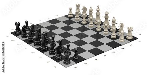 Chess pieces on the board in the starting position. Isolated. Transparent background. 3D Rendering.	