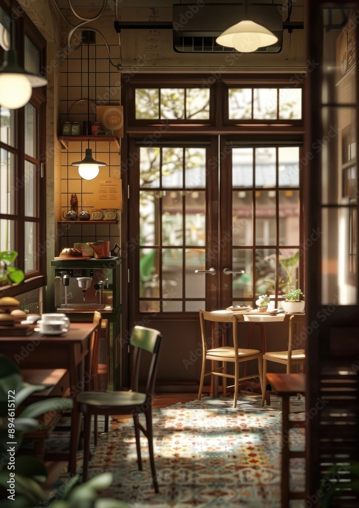 Fototapeta premium Eclectic Korean Inspired Cafe with Artisanal Coffee Sweet Desserts and Cozy Vintage Ambiance