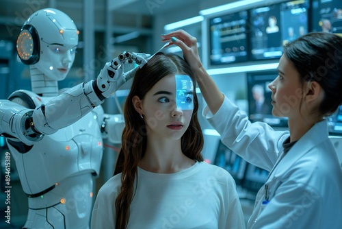 Futuristic scene of a holographic screen displaying the patient's medical history as a robot nurse assists the doctor in applying a band-aid to a young woman's head in a high-tech clinic. photo