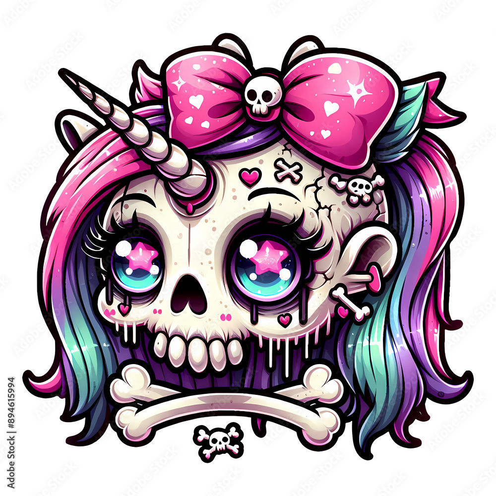 Fototapeta premium Creepy Cute Unicorn Skull with Pink Hair and Bow