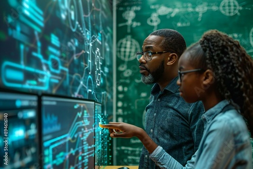 In a futuristic classroom, a beautiful African-American teacher with eyeglasses and a well-groomed beard guides a young, beautiful black student as they interact with holographic screens photo