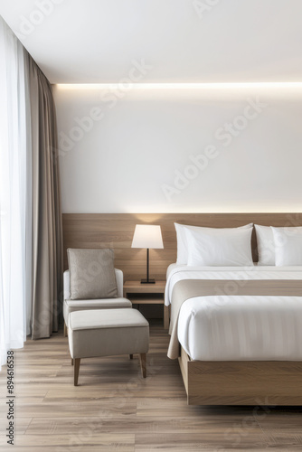 Modern hotel room interiors in neutral colors with a bed placed next to a large window. Commercial interior design composition. © JuanM