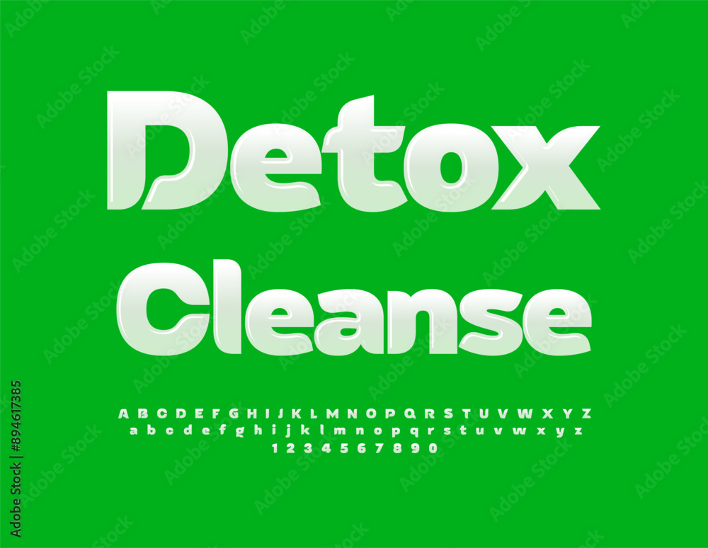 Naklejka premium Vector creative flyer Detox Cleanse. Glossy White Font. Stylish Alphabet Letters and Numbers set. 