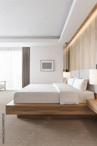 Modern hotel room interiors in neutral colors with a bed placed next to a large window. Commercial interior design composition.