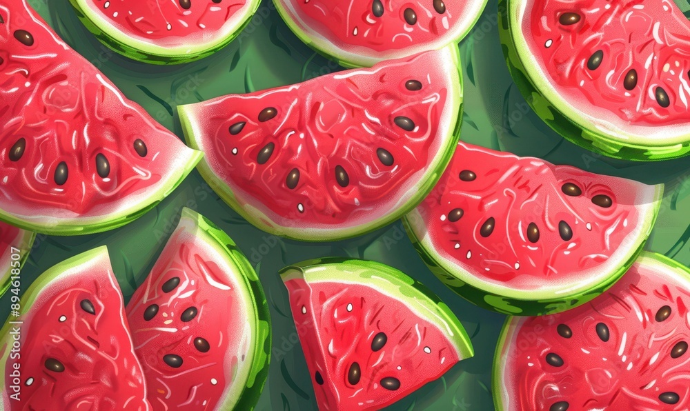 watermelon fruit illustration background pattern. Juicy and healthy summer food diet, half cut slice circles, green color backdrop watermelon fruit illustration background pattern. Juicy and healthy summer food diet, half cut slice circles, green color backdrop