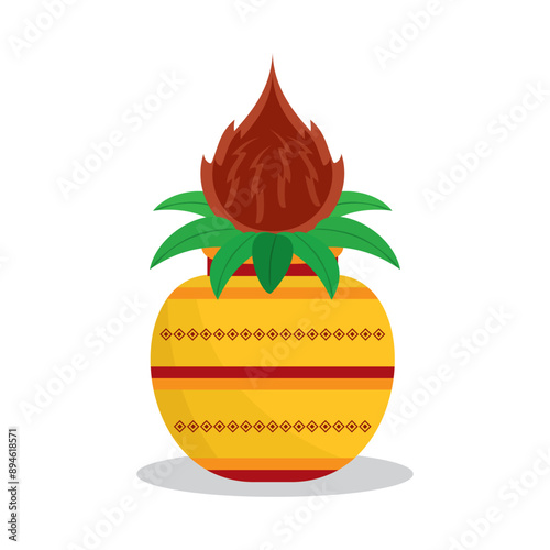 Traditional clay Kalash isolated on white. Hindu and Jain ritual element for puja. Sacral symbol of abundance, wisdom, and immortality. Vector illustration.