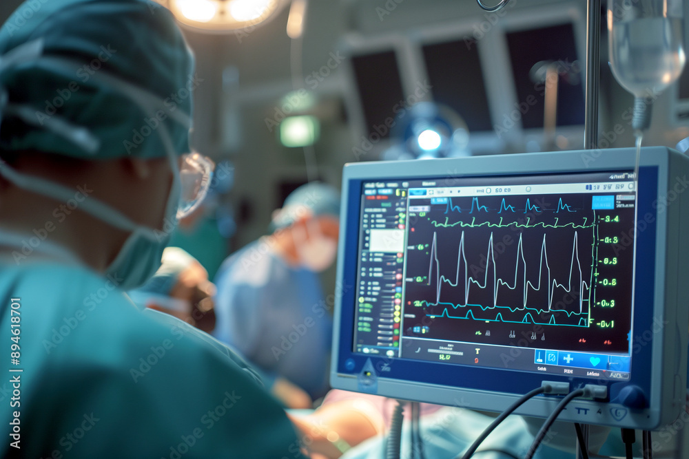 Medical team monitoring patient vital signs during surgical procedure in the hospital operating room. Generative AI