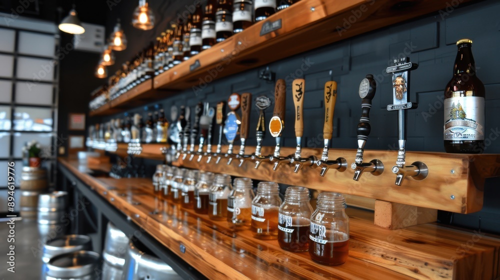 A bar with a variety of colorful drinks on a wooden counter A bar with a variety of colorful drinks on a wooden counter