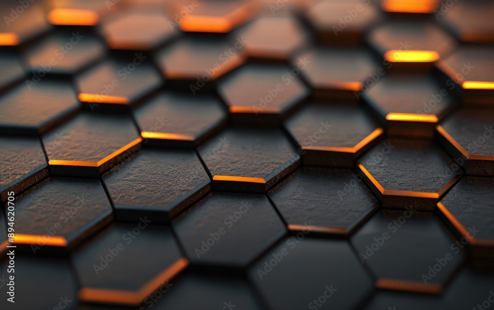 Modern hexagonal pattern with dark metallic texture and warm orange highlights, perfect for backgrounds in technology and industrial-themed designs. Modern hexagonal pattern with dark metallic texture and warm orange highlights, perfect for backgrounds in technology and industrial-themed designs.