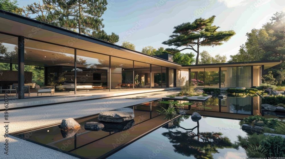 A modernist home with a flat roof, large glass panels, and a minimalist garden with a reflecting pool and zen elements. A modernist home with a flat roof, large glass panels, and a minimalist garden with a reflecting pool and zen elements.