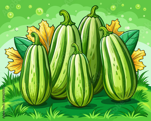 illustration Vector of zucchini, green farm field background, hand drawn vegetabes and fruit cartoon photo