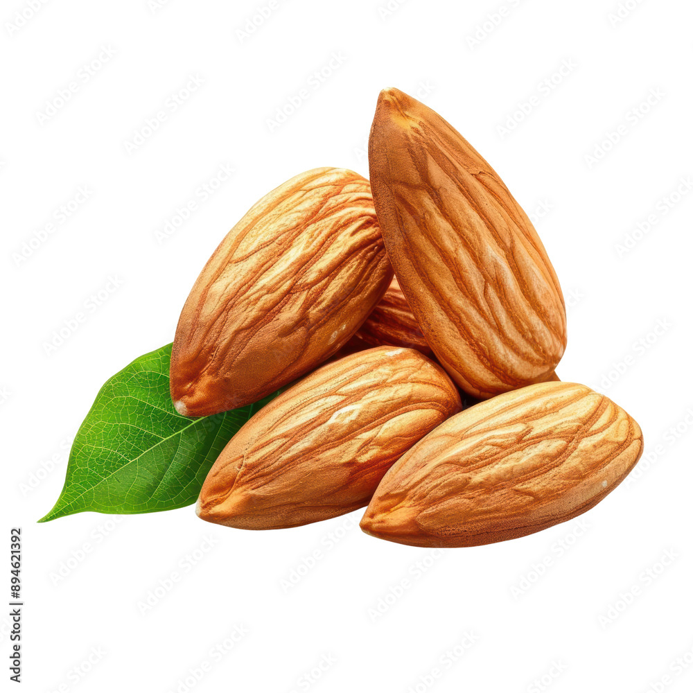 A bunch of almonds with a leaf on top A bunch of almonds with a leaf on top