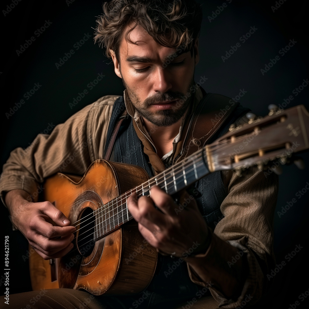 Obraz premium Young man playing acoustic guitar on dark background. Selective focus.