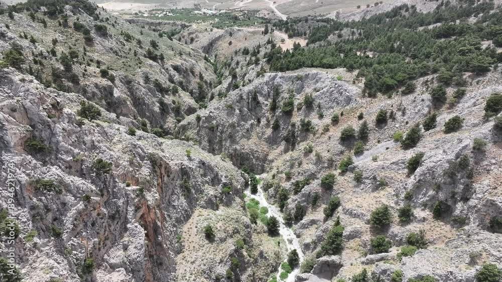 Aerial view of Imbros Gorge, drone shot 4k, Chania region, Crete, Greek Islands, Greece 