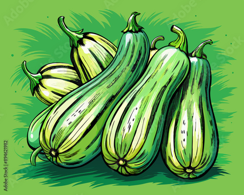 illustration Vector of zucchini, green field background, hand drawn vegetabes and fruit cartoon photo