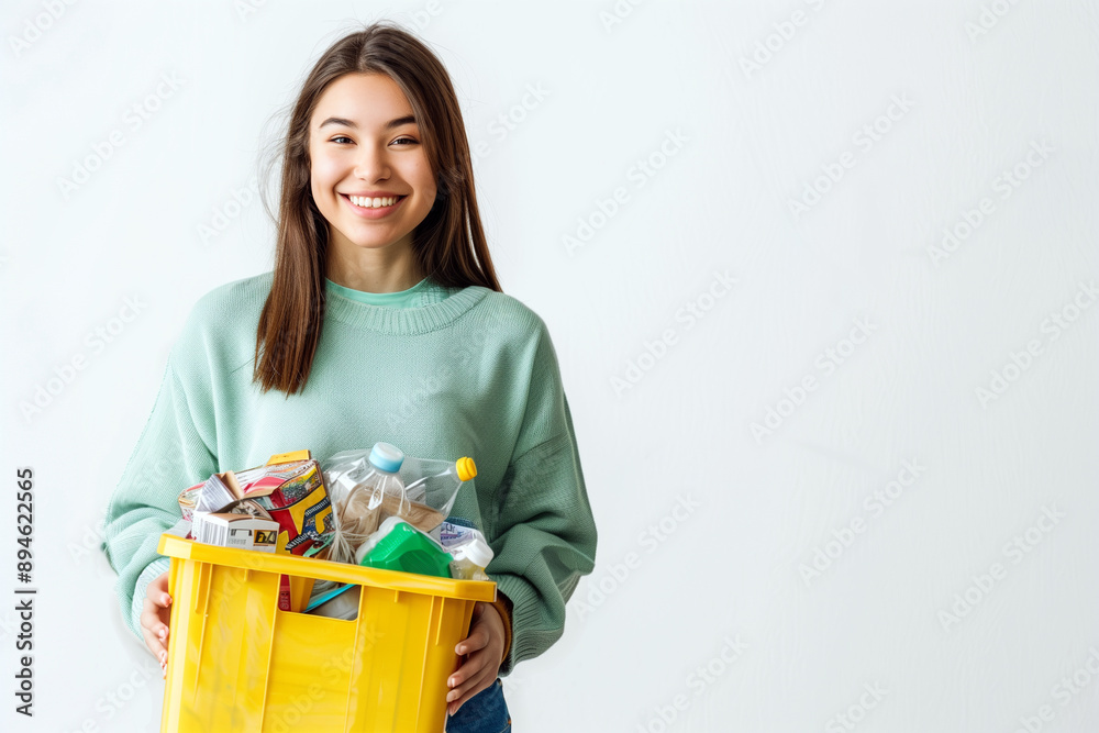 Woman smiling while holding a yellow recycling bin willed with waste. Generative AI. Woman smiling while holding a yellow recycling bin willed with waste. Generative AI.