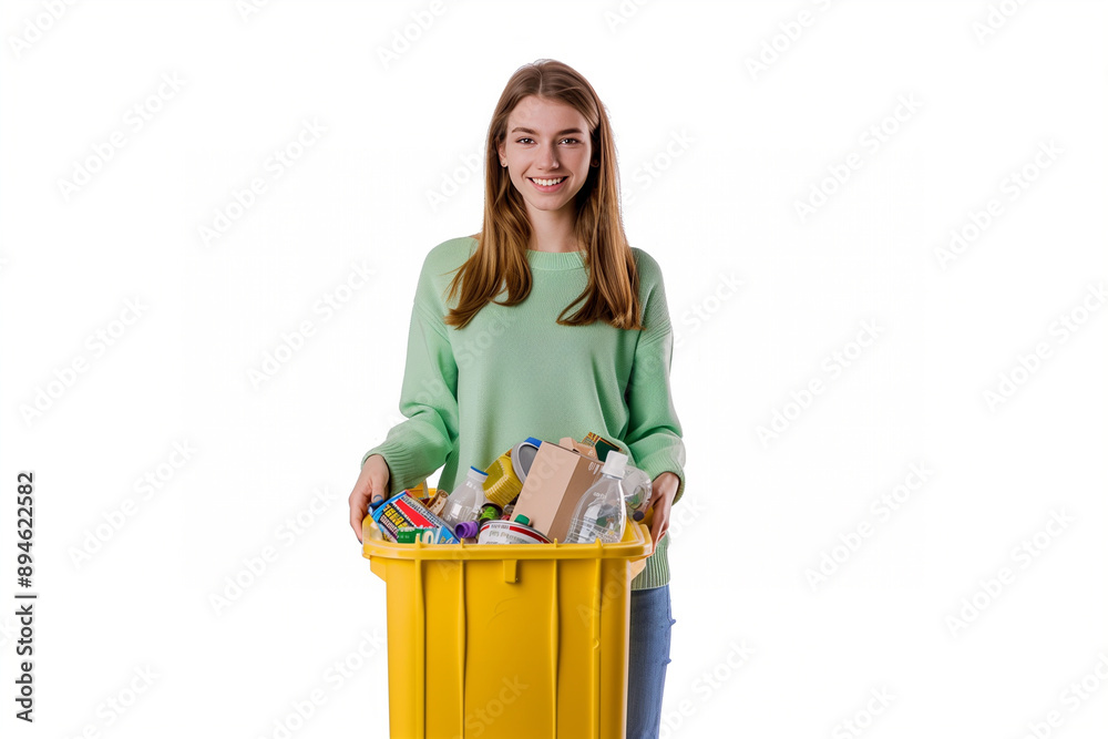 Woman smiling while holding a yellow recycling bin willed with waste. Generative AI. Woman smiling while holding a yellow recycling bin willed with waste. Generative AI.