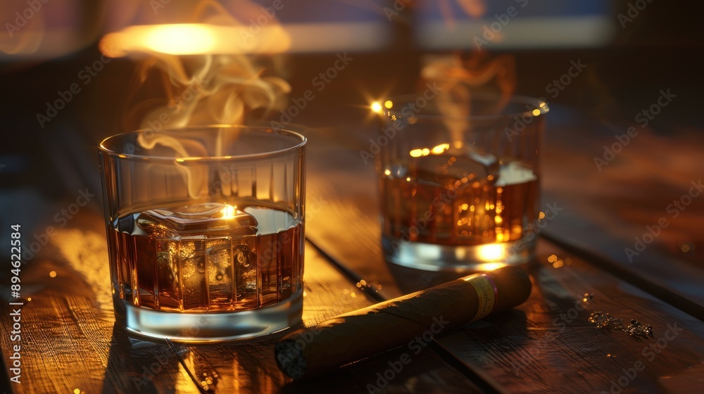 Two Glasses of Whiskey on a Wooden Table Two Glasses of Whiskey on a Wooden Table