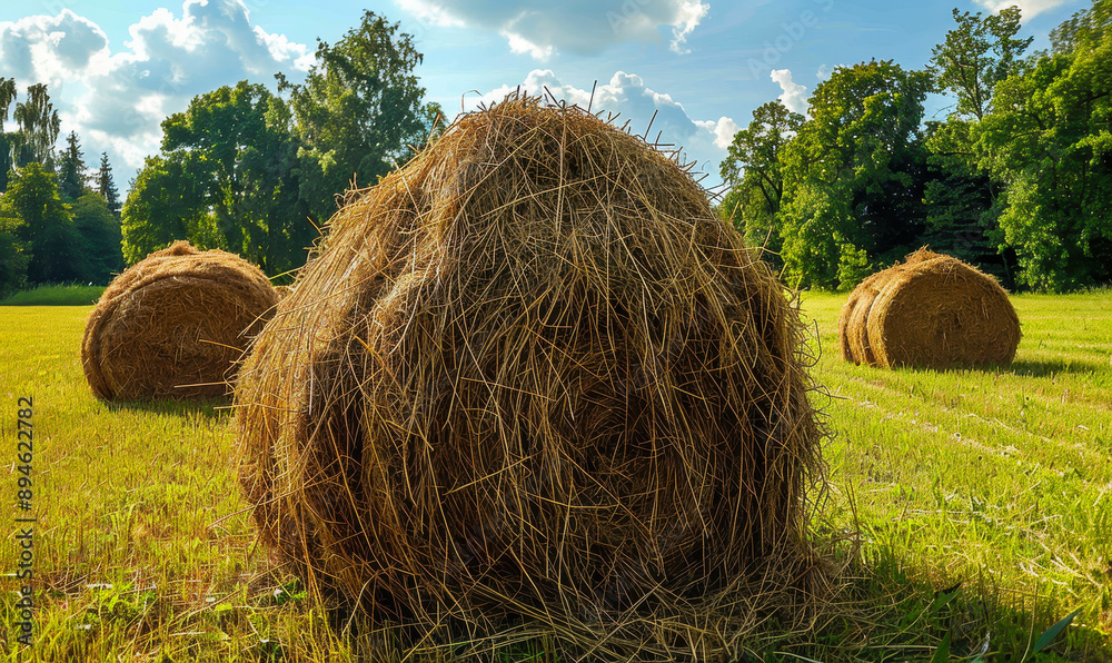 Golden Hay Bales Resting on Green Pasture on Sunny Day with Blue Sky in Countryside Field Golden Hay Bales Resting on Green Pasture on Sunny Day with Blue Sky in Countryside Field