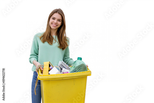 Woman smiling while holding a yellow recycling bin willed with waste. Generative AI.