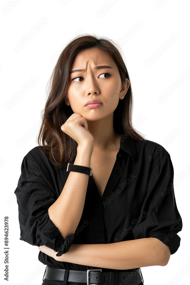 Woman thinking while looking up,doubtful and hesitant,transparent background,PNG,clip art. Woman thinking while looking up,doubtful and hesitant,transparent background,PNG,clip art.