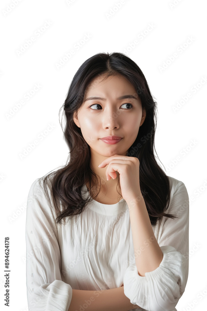 Woman thinking while looking up,doubtful and hesitant,transparent background,PNG,clip art. Woman thinking while looking up,doubtful and hesitant,transparent background,PNG,clip art.