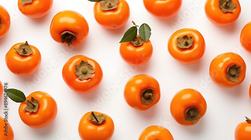 A flat lay arrangement of vibrant orange persimmons on a white background. Some fruits have green leaves attached, showcasing their natural beauty and freshness.