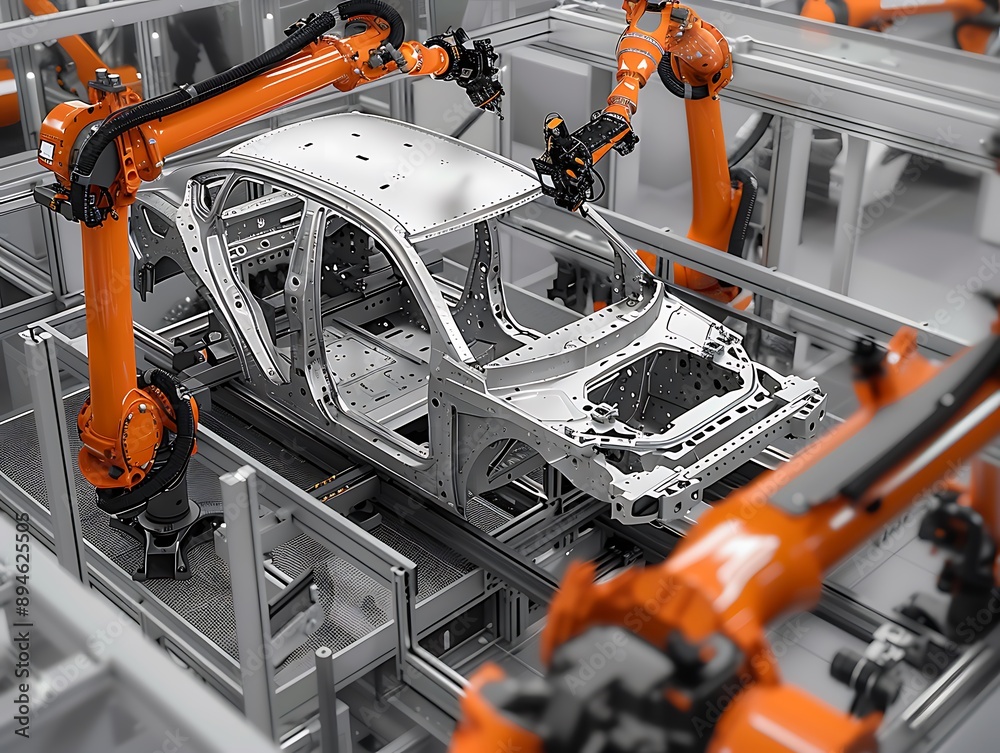 Robotic arms with metal line. factory industry. robotic industry. Robotic arms with metal line. factory industry. robotic industry.