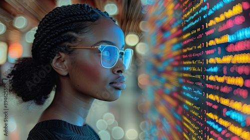 AI cyber security threat illustration, black African American female IT specialist analyzing data information technology, augmented reality artificial intelligence collage, side profile, copy space