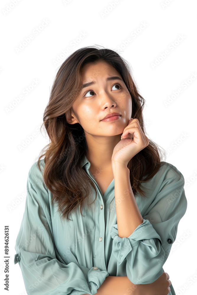 Woman thinking while looking up,doubtful and hesitant,transparent background,PNG,clip art. Woman thinking while looking up,doubtful and hesitant,transparent background,PNG,clip art.