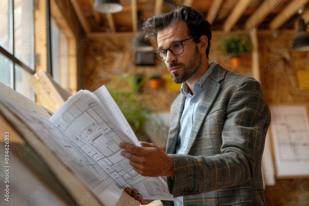 Obraz premium Businessman Evaluating Energy-Efficient Building Materials for Sustainable Construction Projects