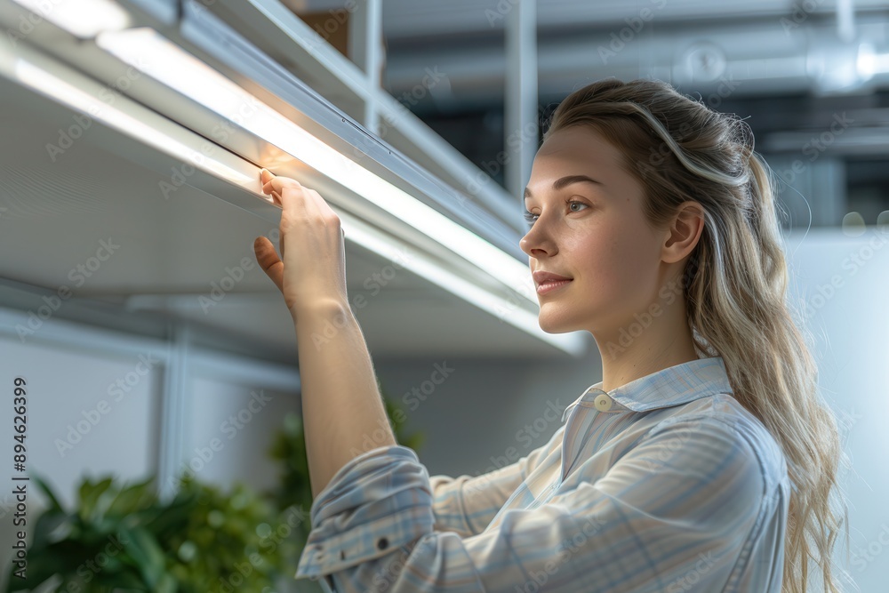 Fototapeta premium Enhanced Productivity: Woman Optimizing Office Lighting for Energy Efficiency and Well-being