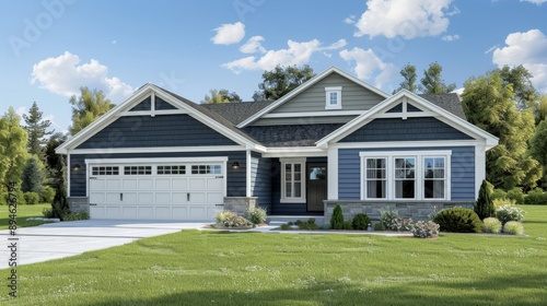 Modern Blue and Gray House with White Trim and Garage.