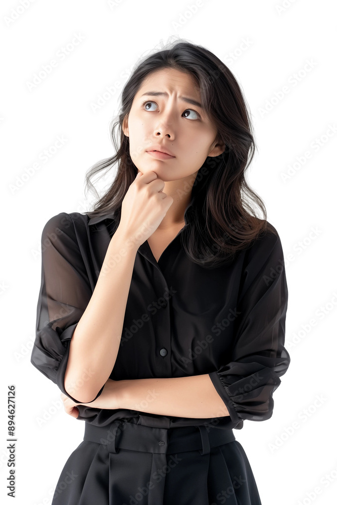 Woman thinking while looking up,doubtful and hesitant,transparent background,PNG,clip art. Woman thinking while looking up,doubtful and hesitant,transparent background,PNG,clip art.