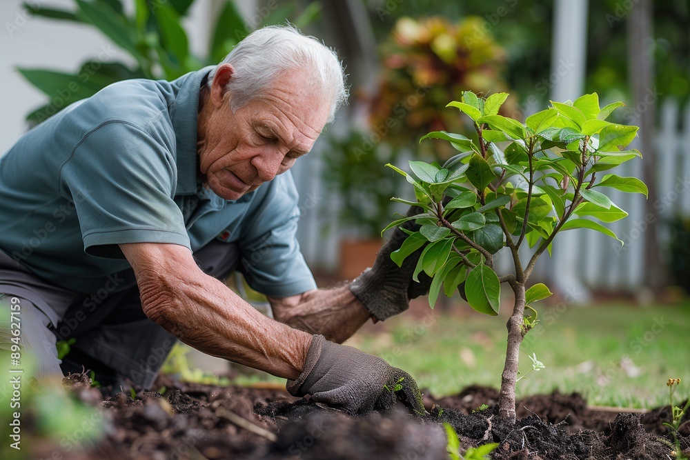 Fototapeta premium Eco-Friendly Living: Senior Man Planting Trees for Home Energy Efficiency and Natural Cooling Solutions