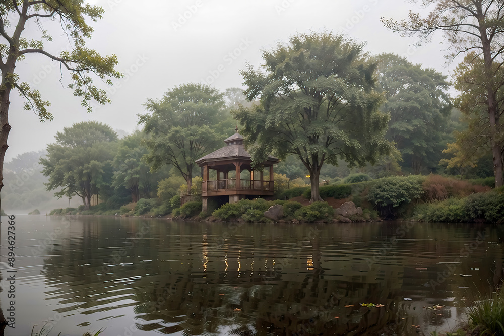 Morning mist envelops a serene lake, creating a romantic and dreamy atmosphere. The soft fog gently blankets the water Morning mist envelops a serene lake, creating a romantic and dreamy atmosphere. The soft fog gently blankets the water