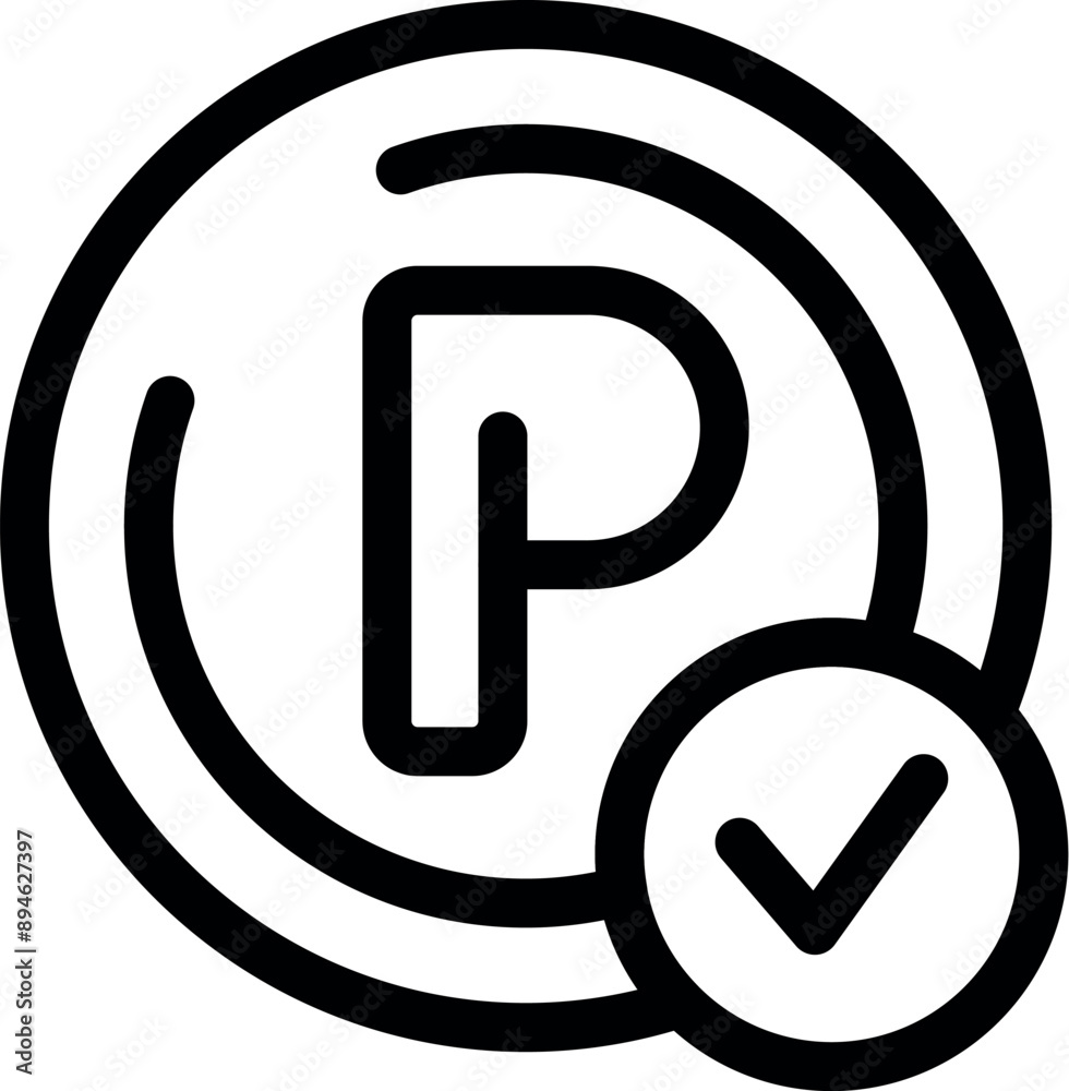 Bold icon featuring the letter p encircled with a check mark, indicating a designated parking area Bold icon featuring the letter p encircled with a check mark, indicating a designated parking area