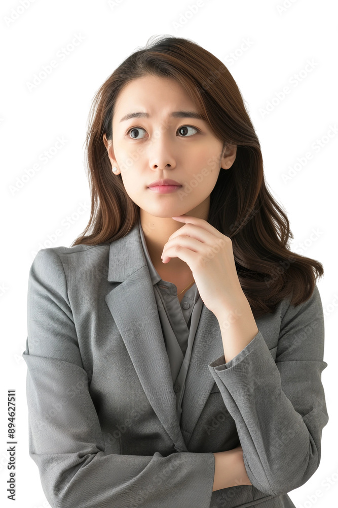 Woman thinking while looking up,doubtful and hesitant,transparent background,PNG,clip art. Woman thinking while looking up,doubtful and hesitant,transparent background,PNG,clip art.