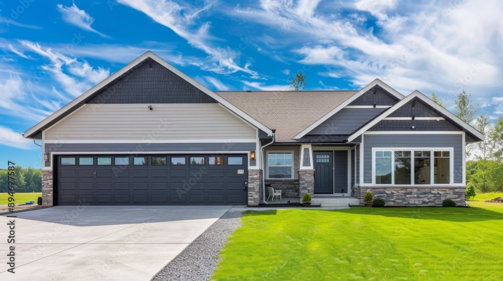 Modern Suburban Home with Garage and Green Lawn. Modern Suburban Home with Garage and Green Lawn.